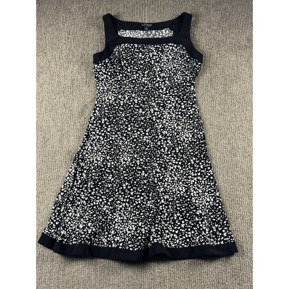 Lauren Ralph Lauren Womens 8 Dress Sleeveless A Line Black White Floral